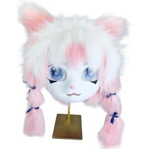 KAWAII Pastel Pink Plush Furry Faux Fur Full Head Mask Flexible Ears Large Eyes
